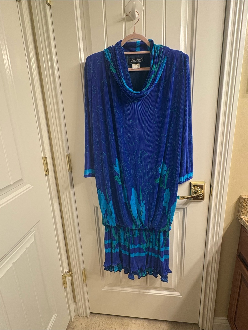Vintage Virginie Paris 80’s Drop Waist Plisse Micro pleated Cowl Neck Dress XL